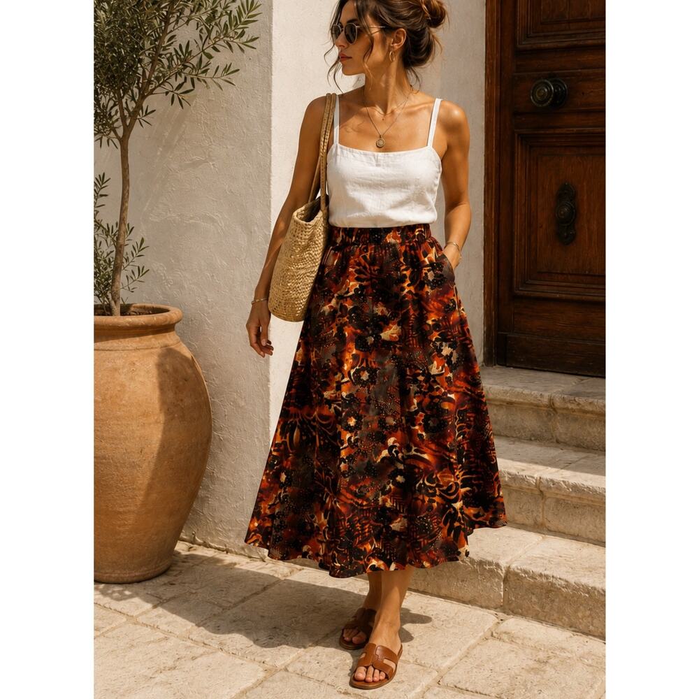 Vtg 90s Patchwork Animal Print Midi Skirt XL Pull On Abstract Boho Artsy Earthy